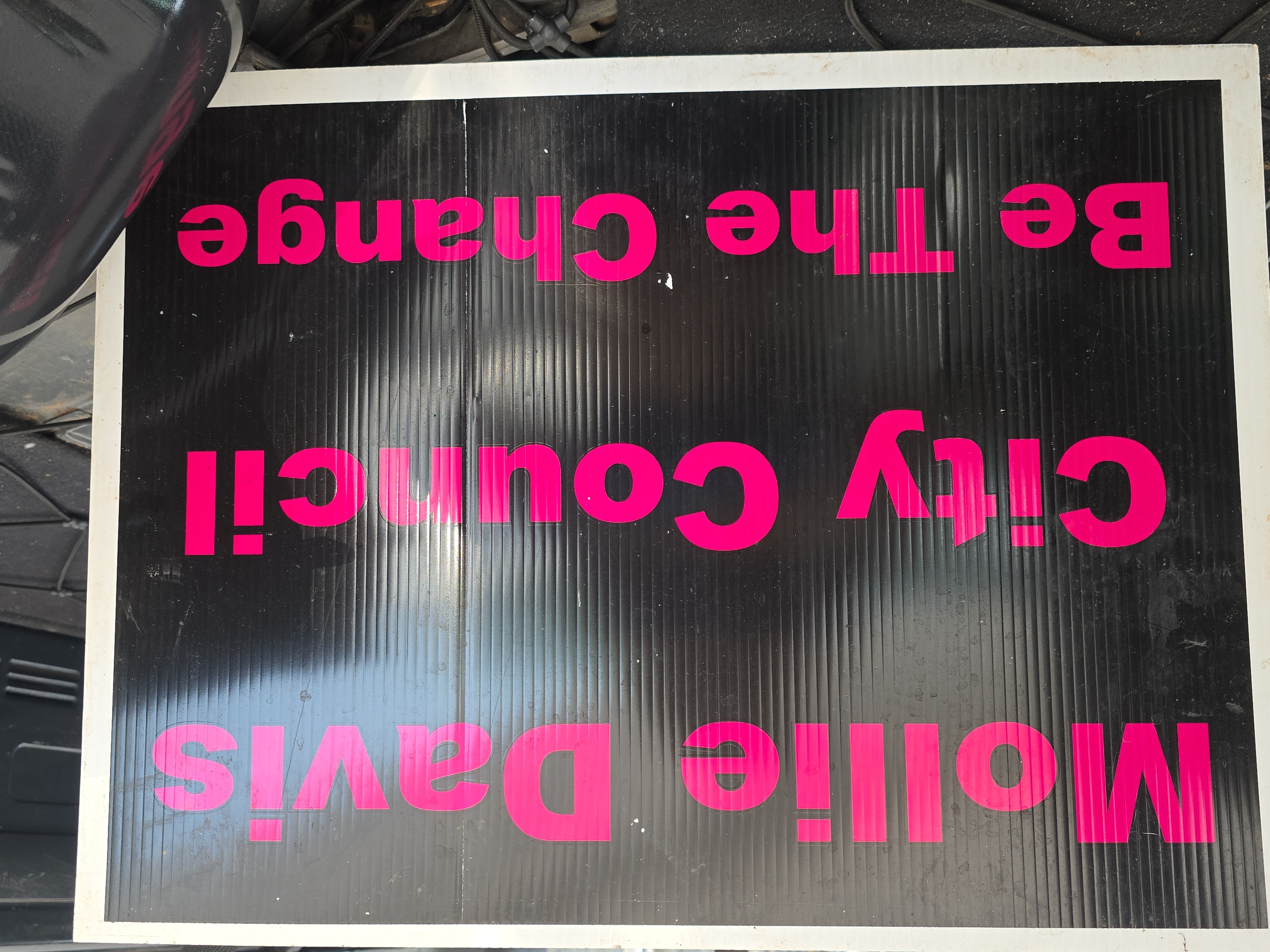Black yard sign with hot-pink text reading Mollie Davis, City Council, Be The Change
